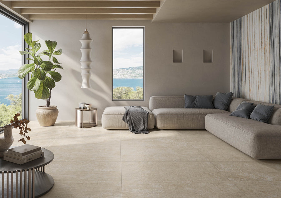 Concrete-effect porcelain