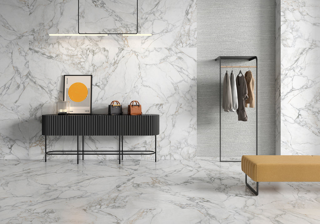 Arabesque White Polished Marble-Effect Porcelain Tile