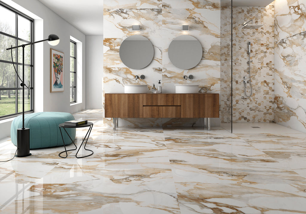 Fresco Beige Polished Marble-Effect Porcelain Tile