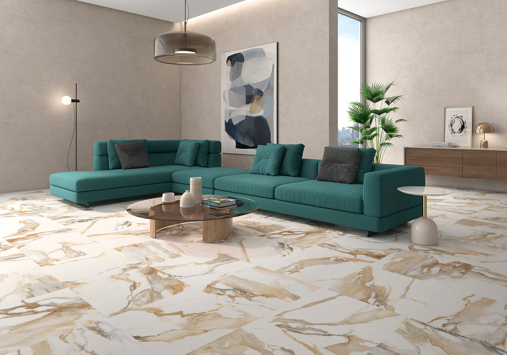 Fresco Beige Polished Marble-Effect Porcelain Tile