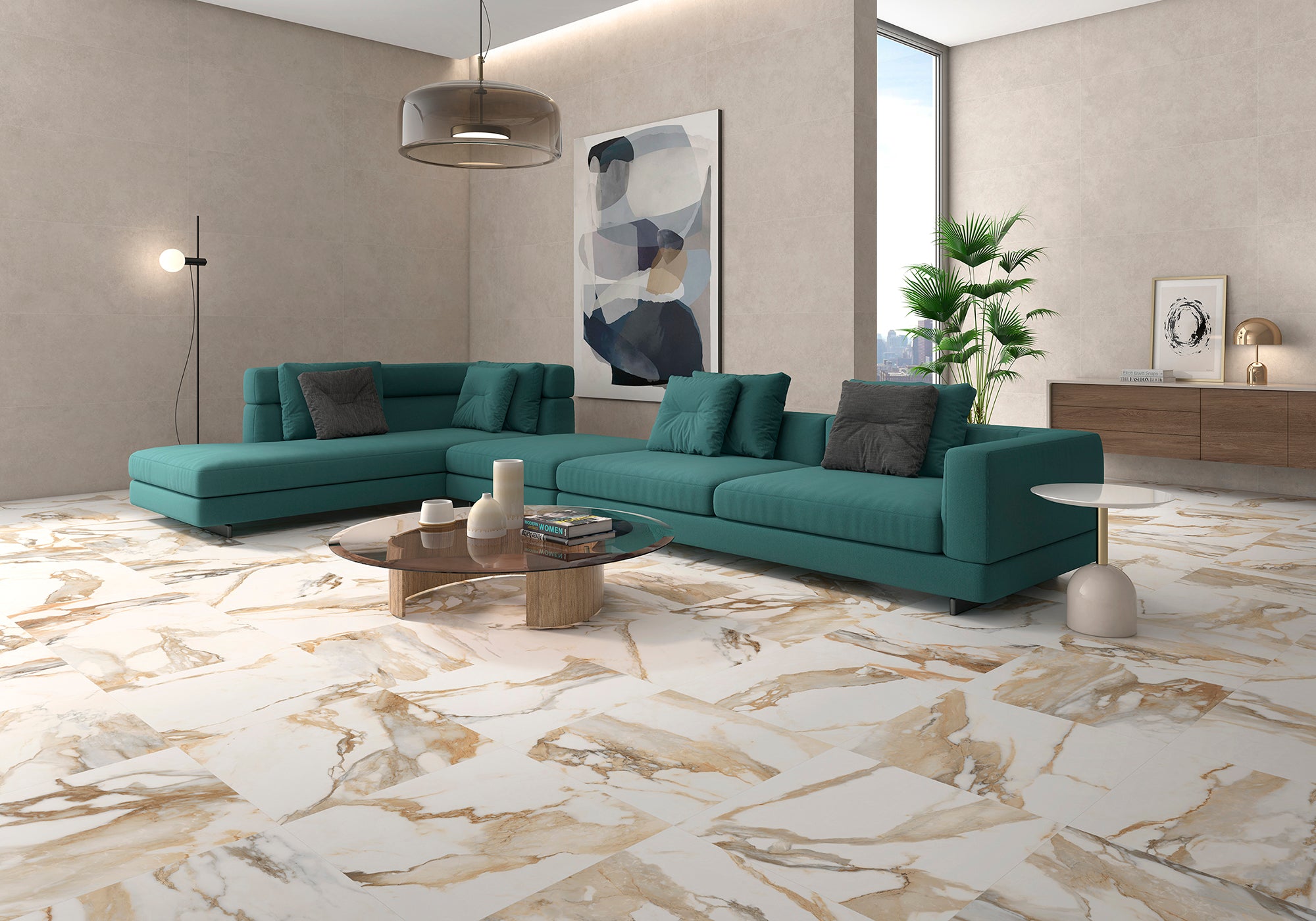 Fresco Beige Polished Marble-Effect Porcelain Tile