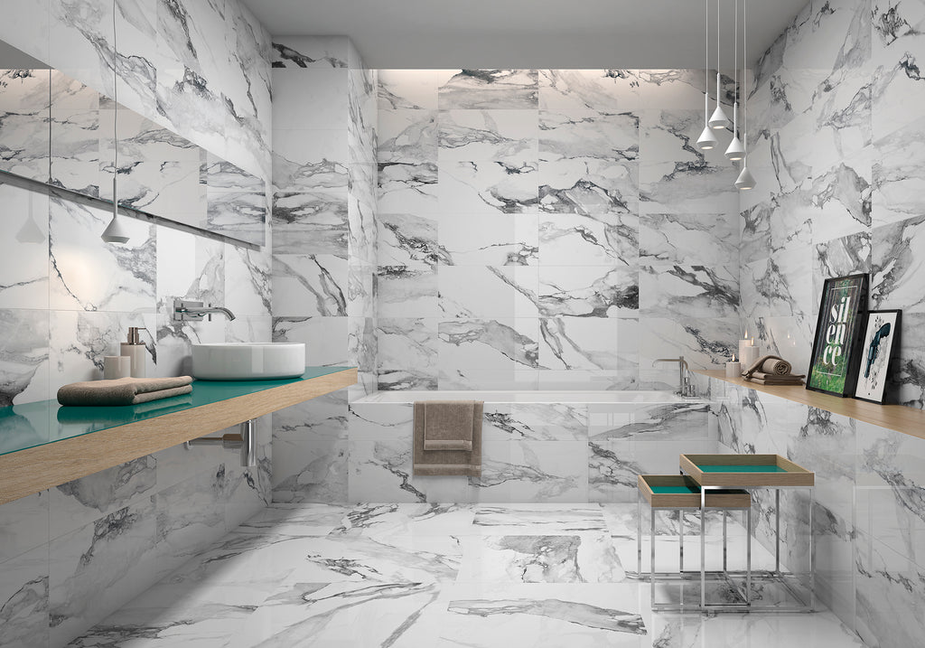 Fresco White Polished Marble-Effect Porcelain Tile