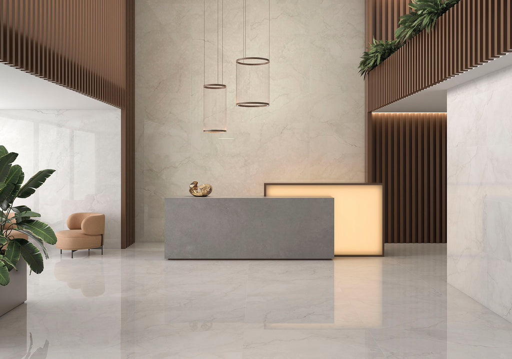 Titan Ivory Polished Marble-Effect Porcelain Tile