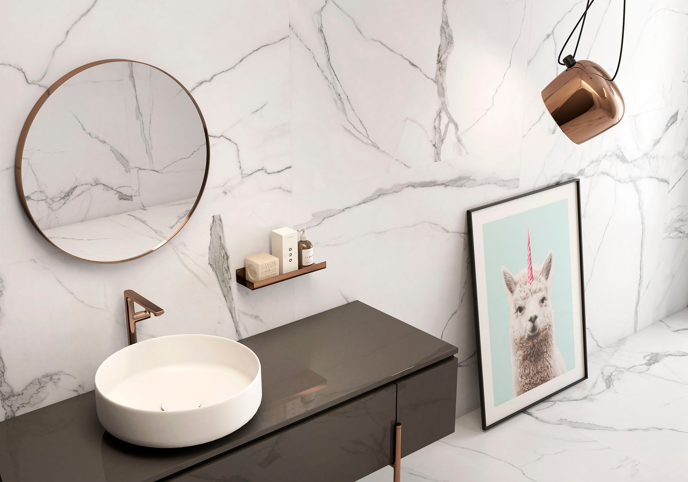 Delta White Polished Marble-Effect Porcelain Tile