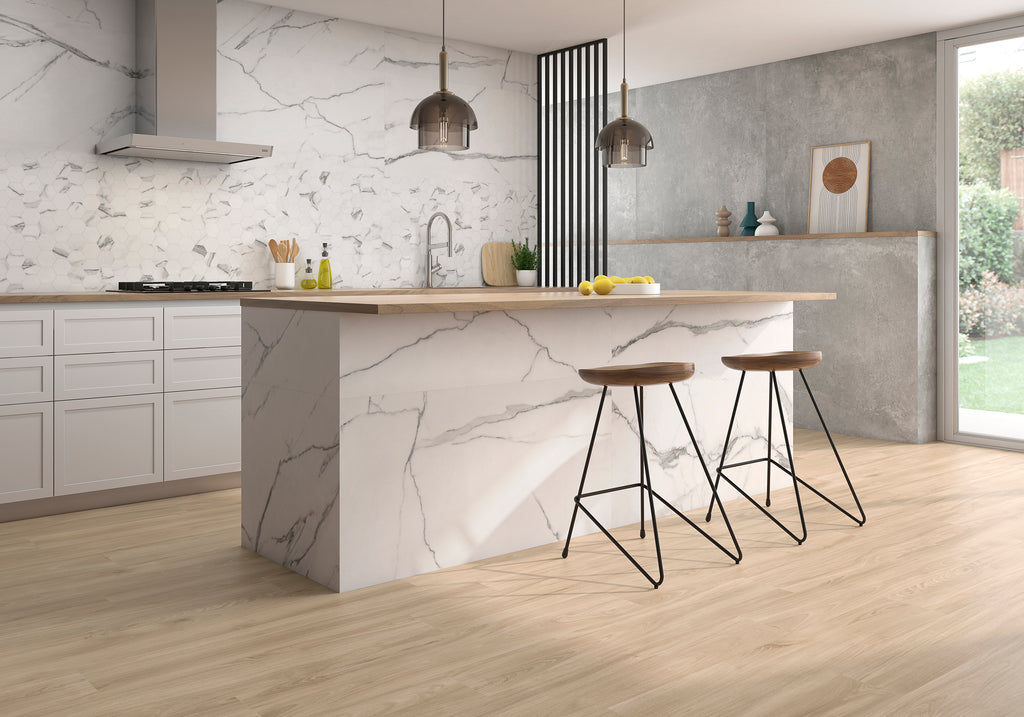 Delta White Polished Marble-Effect Porcelain Tile