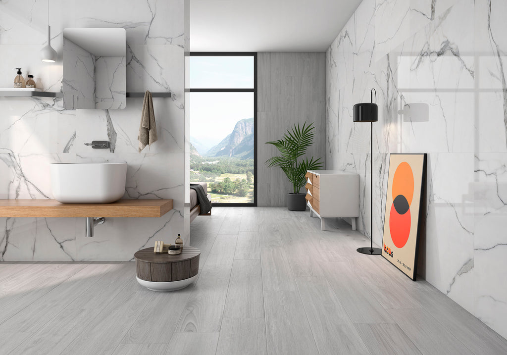 Delta White Polished Marble-Effect Porcelain Tile