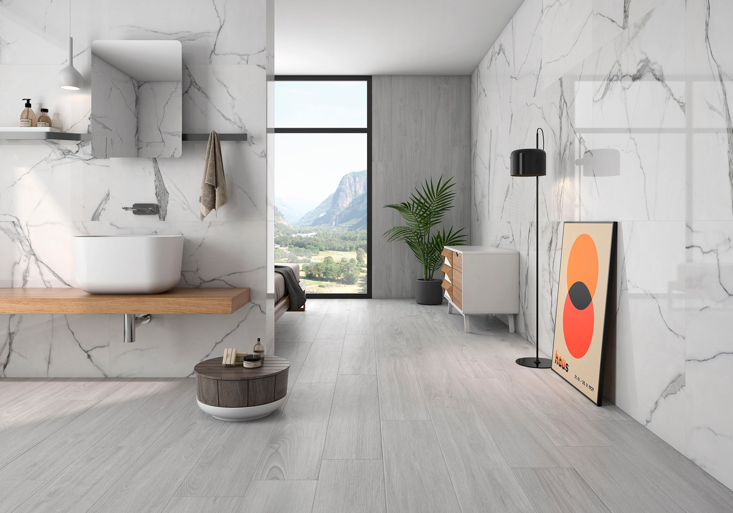 Delta White Polished Marble-Effect Porcelain Tile