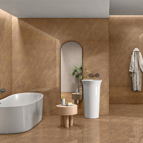 Armani Brown glossy marble effect porcelain tile 60x120cm with rich brown tones and natural veining in a luxury modern bathroom setting.