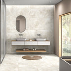 Natural Bianco matt stone effect porcelain tile 60x120cm in a modern bathroom with soft neutral tones and minimalist design.