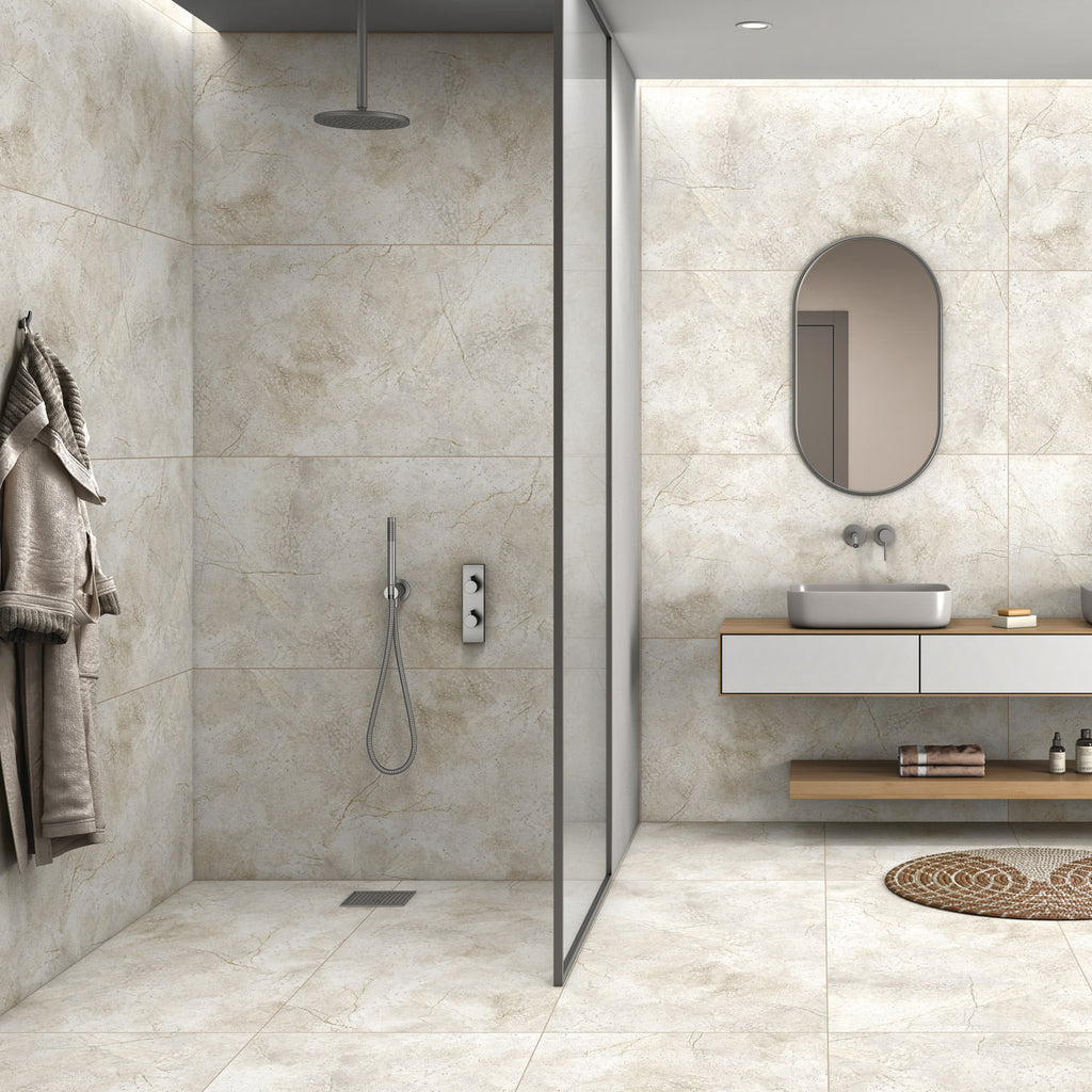 Natural Bianco matt stone effect porcelain tile 60x120cm in a modern bathroom with soft neutral tones and minimalist design.