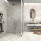 Natural Bianco matt stone effect porcelain tile 60x120cm in a modern bathroom with soft neutral tones and minimalist design.