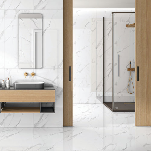 Celestial Veins glossy marble effect porcelain tile 60x120cm featuring white tones with elegant grey veining in a modern luxury bathroom.