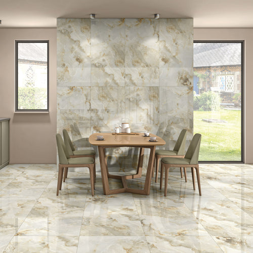 Cloudstone Beige glossy onyx effect porcelain tile 60x120cm with soft beige tones and clouded veining in a modern open-plan interior.