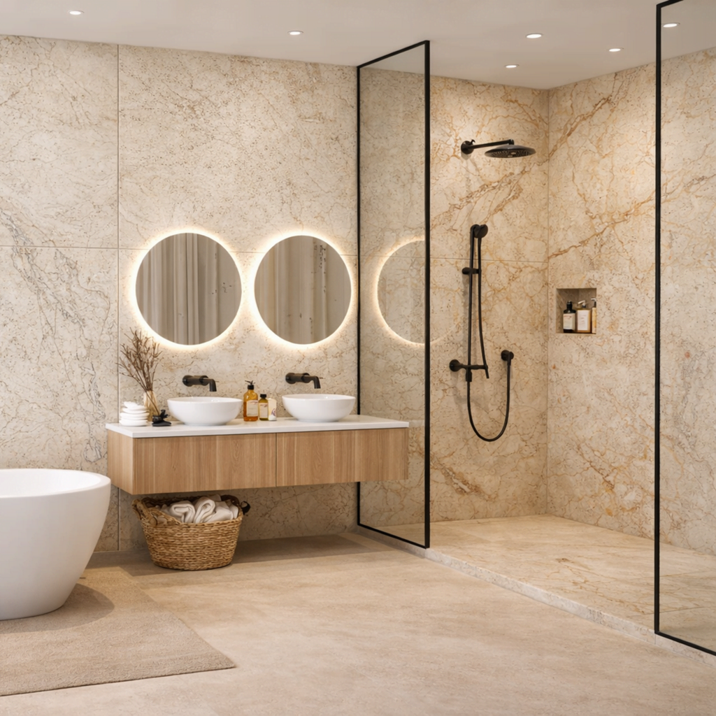 Castro Brown marble effect matt porcelain tile 60x120cm with subtle carved veining texture in a luxury modern interior of bathrom.