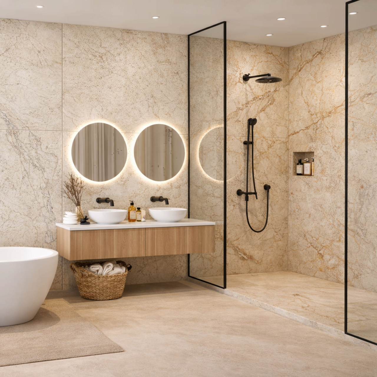 Castro Brown marble effect matt porcelain tile 60x120cm with subtle carved veining texture in a luxury modern interior of bathrom.