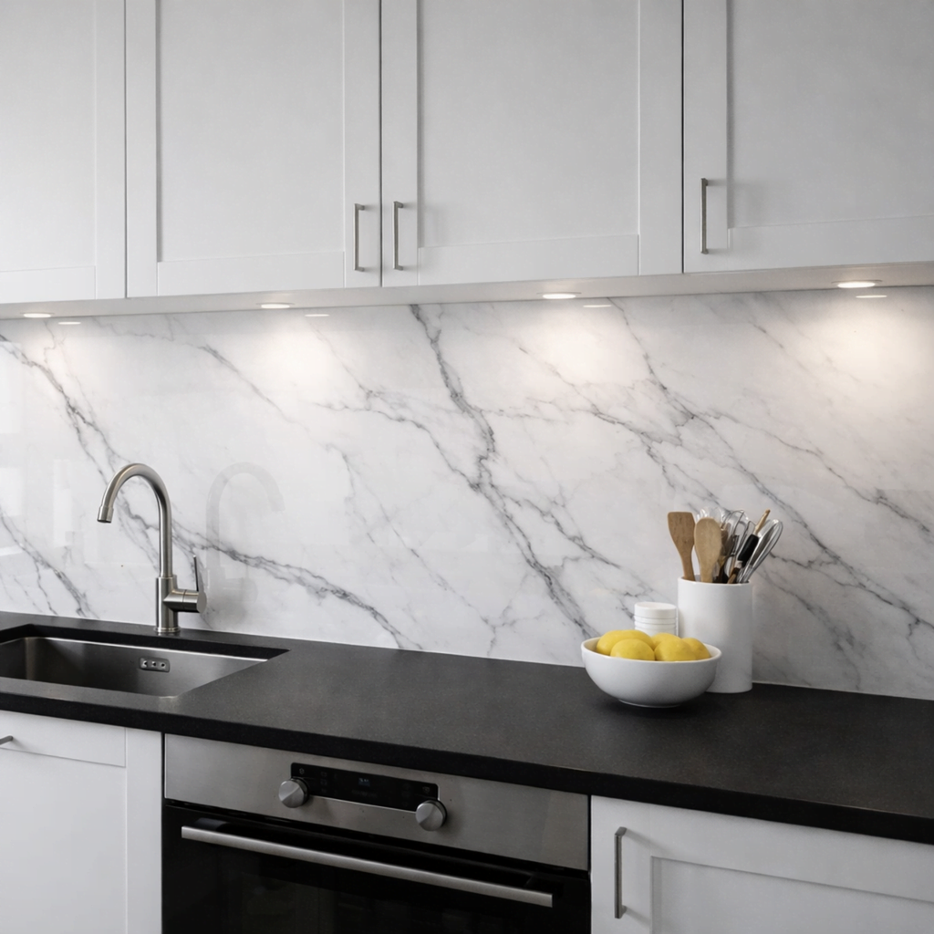 Celestial Veins glossy marble effect porcelain tile 60x120cm featuring white tones with elegant grey veining in a modern luxury kitchen splashback.