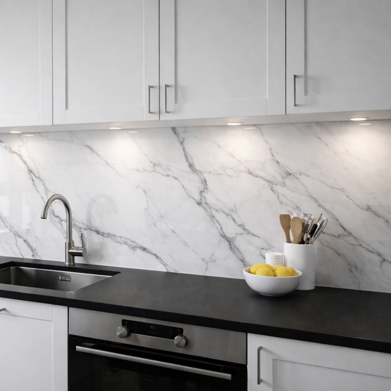 Celestial Veins glossy marble effect porcelain tile 60x120cm featuring white tones with elegant grey veining in a modern luxury kitchen splashback.