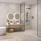 Clay White marble effect glossy porcelain tile 60x120cm with soft marble veining in a modern bathroom.