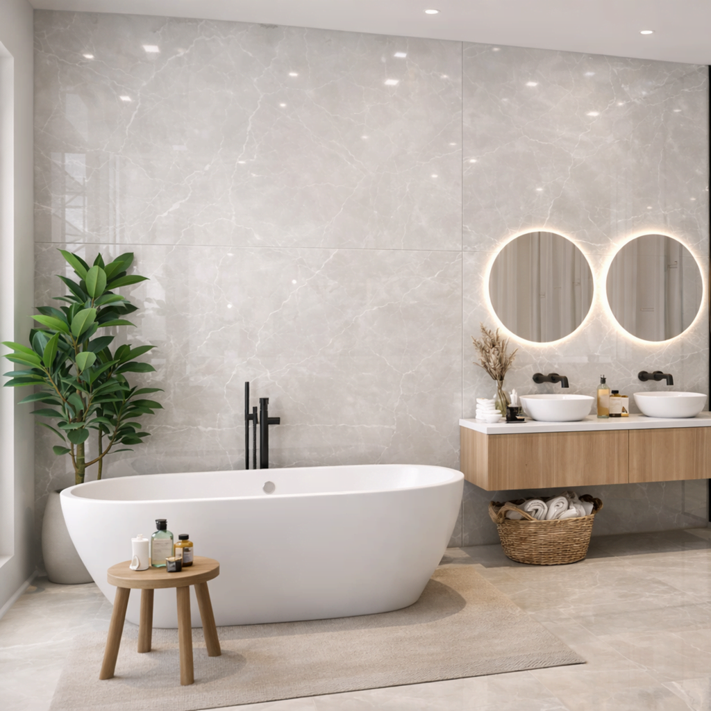 Clay White marble effect glossy porcelain tile 60x120cm with soft marble veining in a modern bathroom.