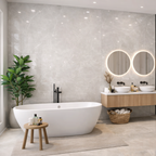 Clay White marble effect glossy porcelain tile 60x120cm with soft marble veining in a modern bathroom.