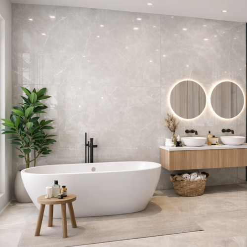 Clay White marble effect glossy porcelain tile 60x120cm with soft marble veining in a modern bathroom.