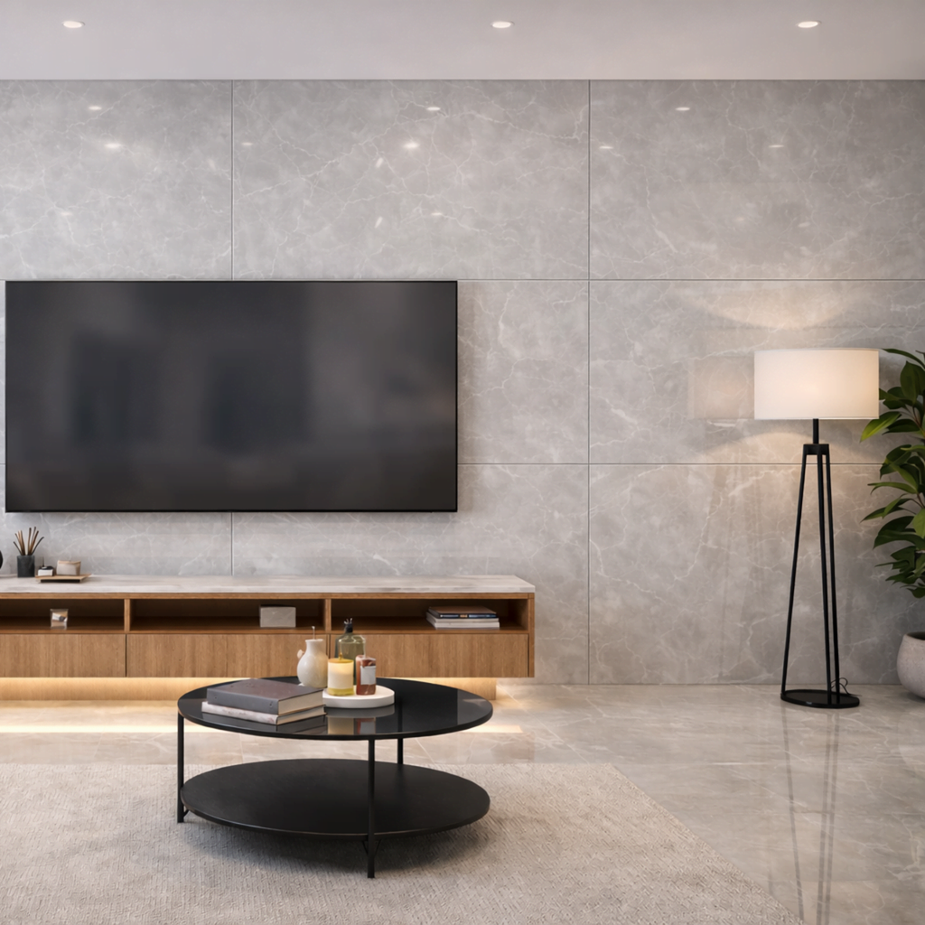 Clay White marble effect glossy porcelain tile 60x120cm with soft marble veining in a modern lounge sitting area.