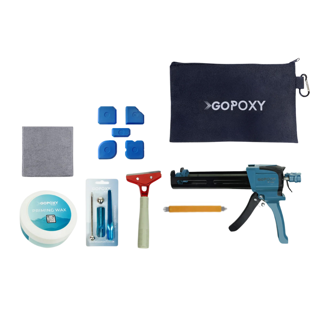 GoPoxy Advanced Epoxy Grout Tool Kit with double barrel grout gun, cartridge and finishing tools