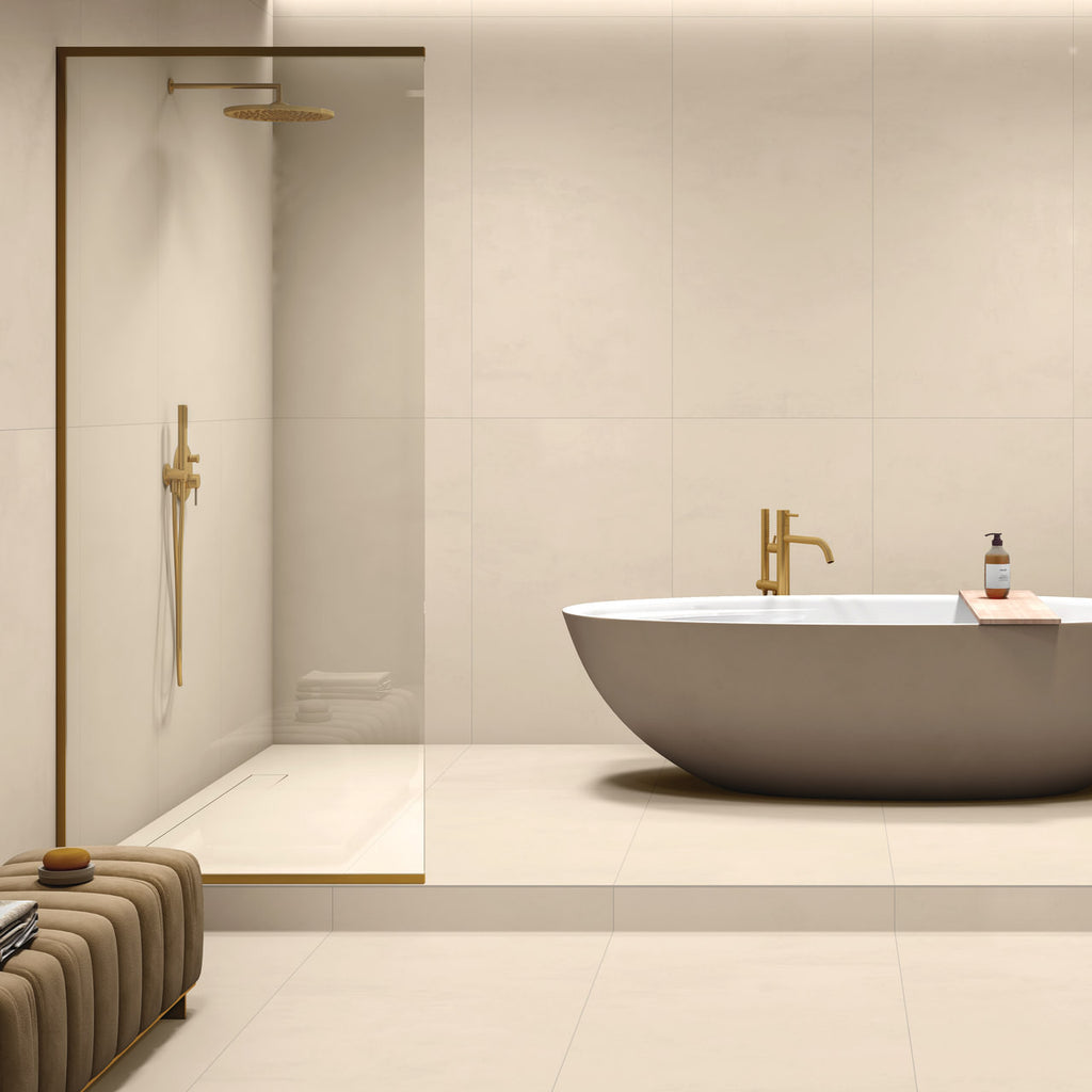 Honey Cream matt porcelain tile 60x120cm with soft cream tones in a modern minimalist bathroom interior.