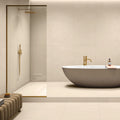 Honey Cream matt porcelain tile 60x120cm with soft cream tones in a modern minimalist bathroom interior.