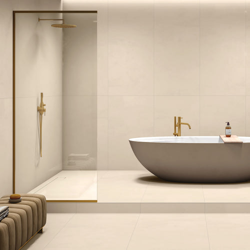 Honey Cream matt porcelain tile 60x120cm with soft cream tones in a modern minimalist bathroom interior.