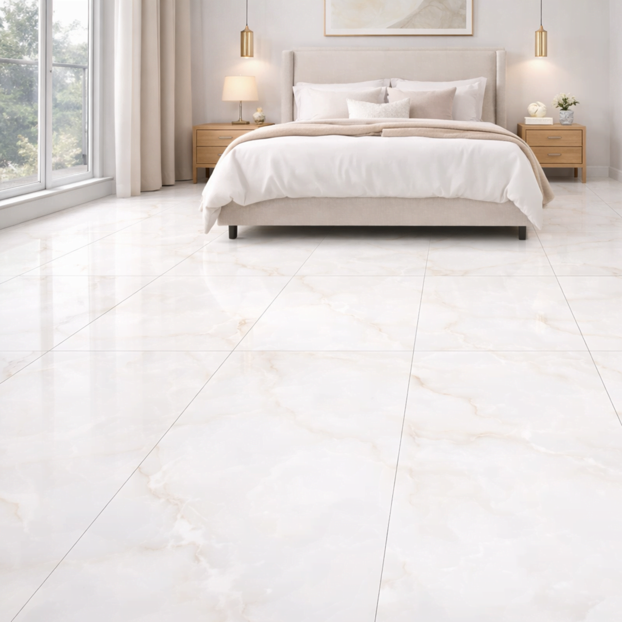 Halo White Onyx Gloss Porcelain Tile 60x120cm luxury white marble effect tile polished floor and wall tile in a modern bedroom interior