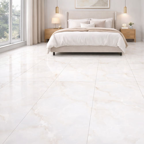 Halo White Onyx Gloss Porcelain Tile 60x120cm luxury white marble effect tile polished floor and wall tile in a modern bedroom interior
