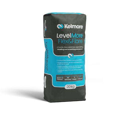 Kelmore LevelMore Flex&Fibre self-leveling compound creates perfectly smooth surfaces for tile installation. Fast-setting formula with excellent flow properties.