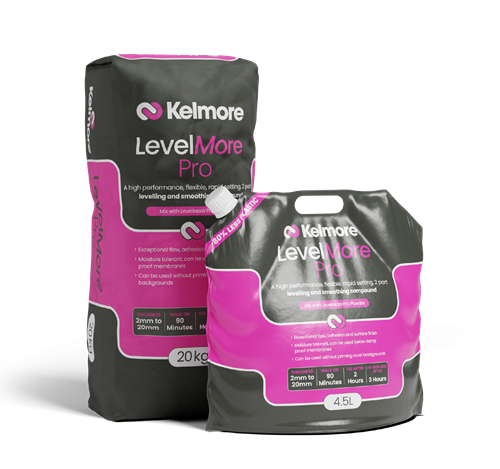 Kelmore LevelMore Pro self-leveling compound creates perfectly smooth surfaces for tile installation. Fast-setting formula with excellent flow properties.