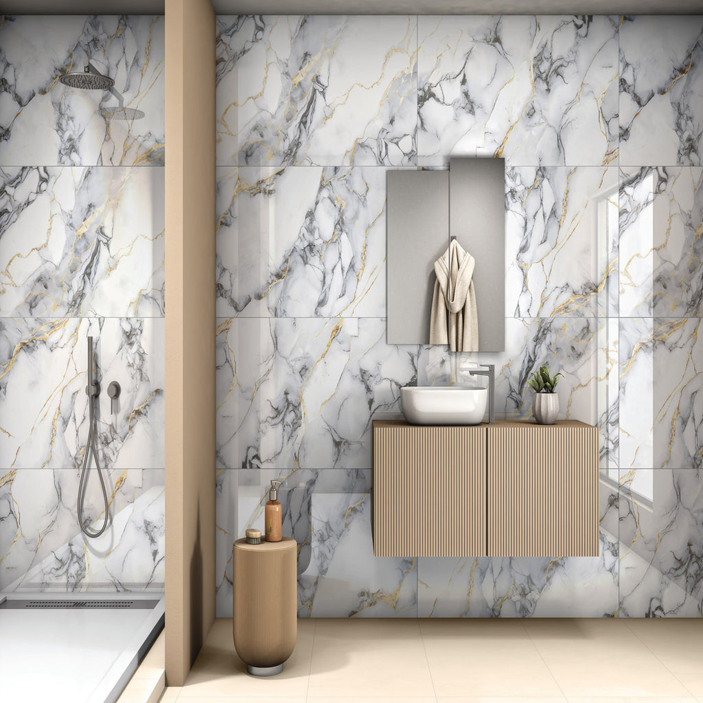 Marble Waves glossy marble effect porcelain tile 60x120cm with flowing grey and gold veining in a modern luxury bathroom.
