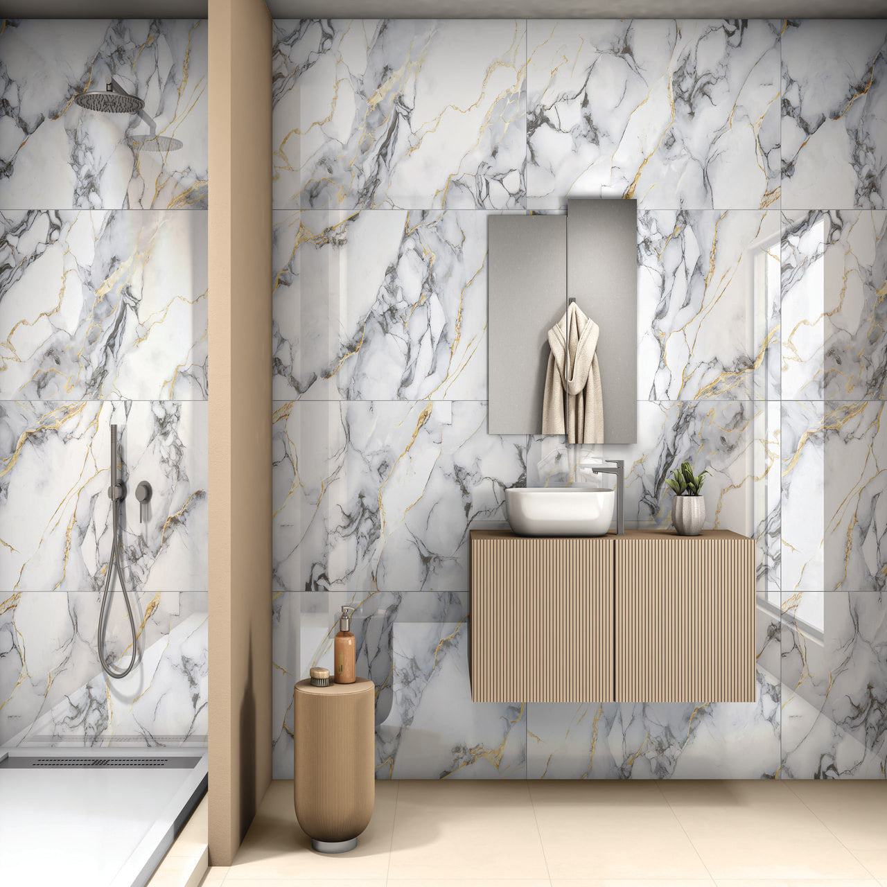 Marble Waves glossy marble effect porcelain tile 60x120cm with flowing grey and gold veining in a modern luxury bathroom.