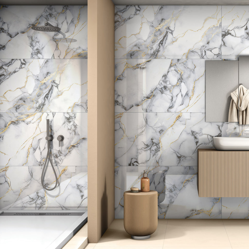 Marble Waves glossy marble effect porcelain tile 60x120cm with flowing grey and gold veining in a modern luxury bathroom.
