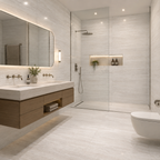 Modern bedroom interior with Marlon White travertin-style porcelain tiles on walls and floor.