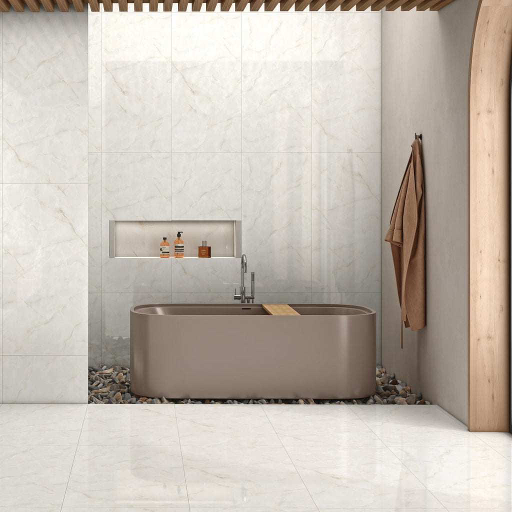 Olive Shimmer glossy onyx effect porcelain tile 60x120cm with soft olive tones in a modern spa-style bathroom