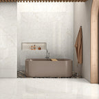 Olive Shimmer glossy onyx effect porcelain tile 60x120cm with soft olive tones in a modern spa-style bathroom