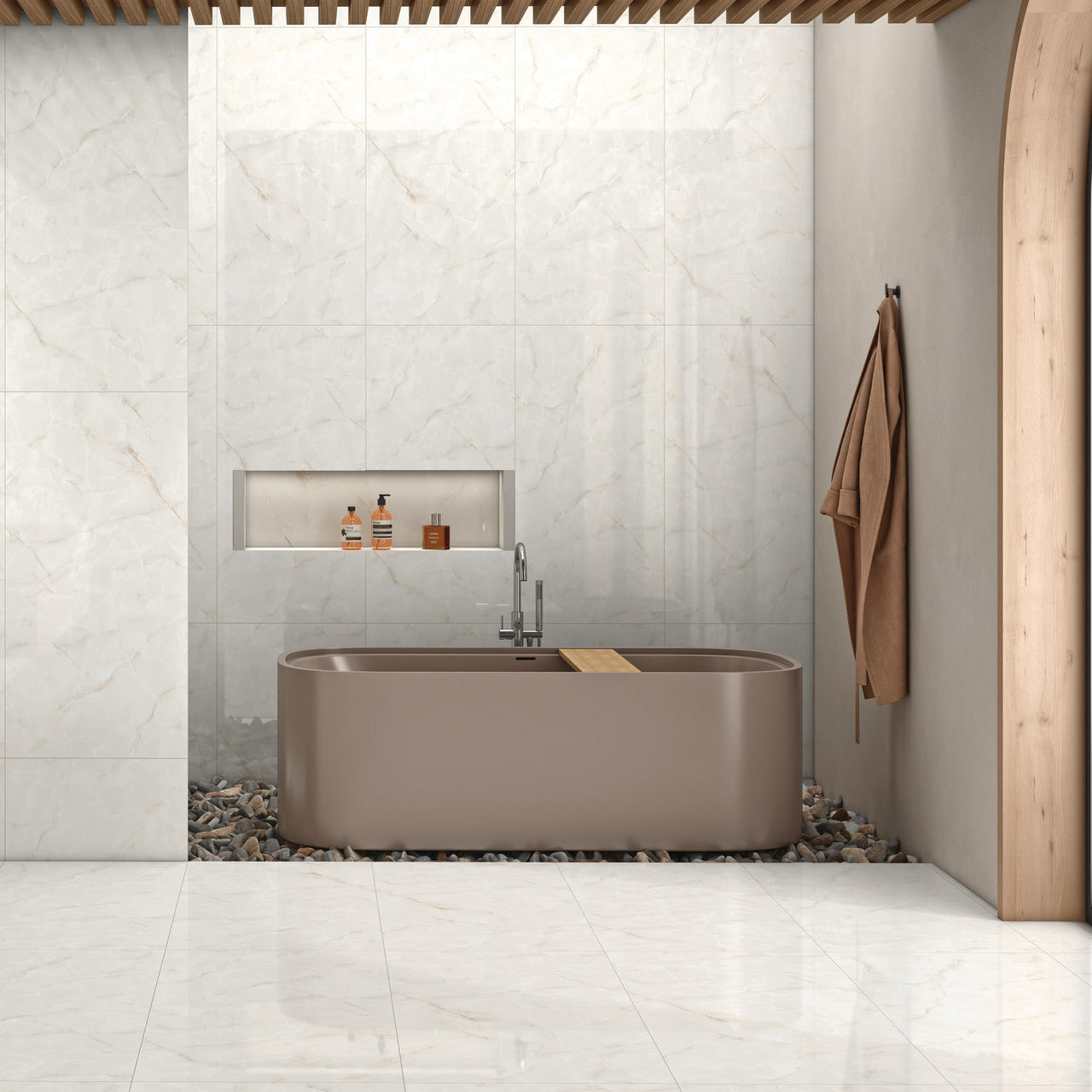 Olive Shimmer glossy onyx effect porcelain tile 60x120cm with soft olive tones in a modern spa-style bathroom