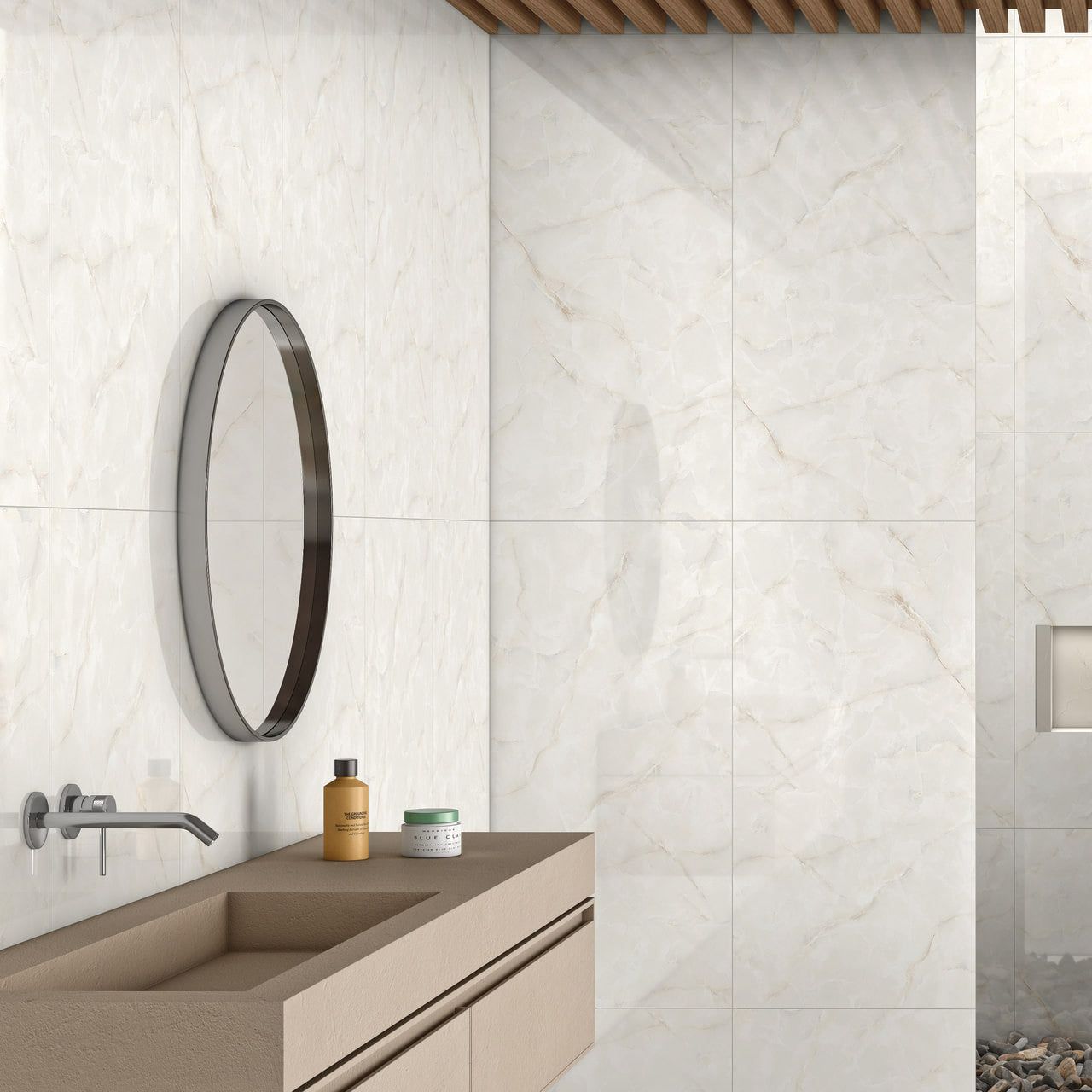 Olive Shimmer glossy onyx effect porcelain tile 60x120cm with soft olive tones in a modern spa-style bathroom