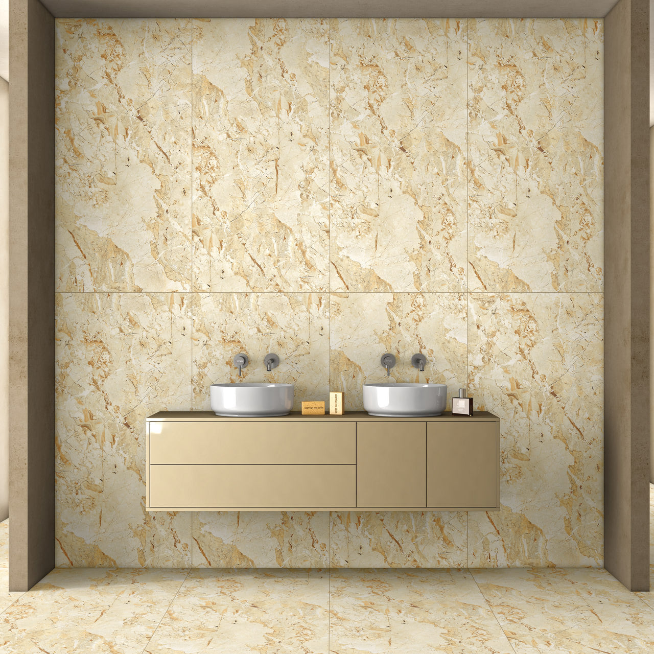 Oro Miranda Gold matt stone effect porcelain tile 60x120cm with warm gold and beige tones in a modern luxury bathroom