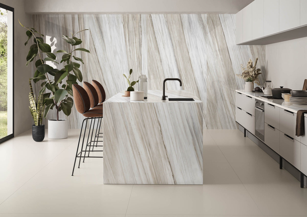 RAK Palissandro Ivory Polished Marble-Effect Porcelain Slab 120x260cm — Clearance Pallet Deal