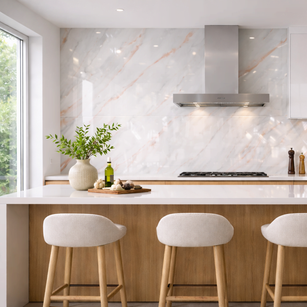 Prism Veins marble effect glossy porcelain tile 60x120cm with white background and soft warm veining in a modern kitchen interior