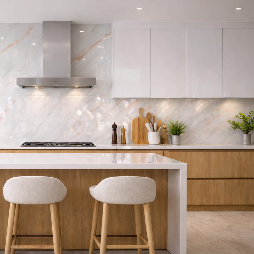 Prism Veins marble effect glossy porcelain tile 60x120cm with white background and soft warm veining in a modern kitchen interior
