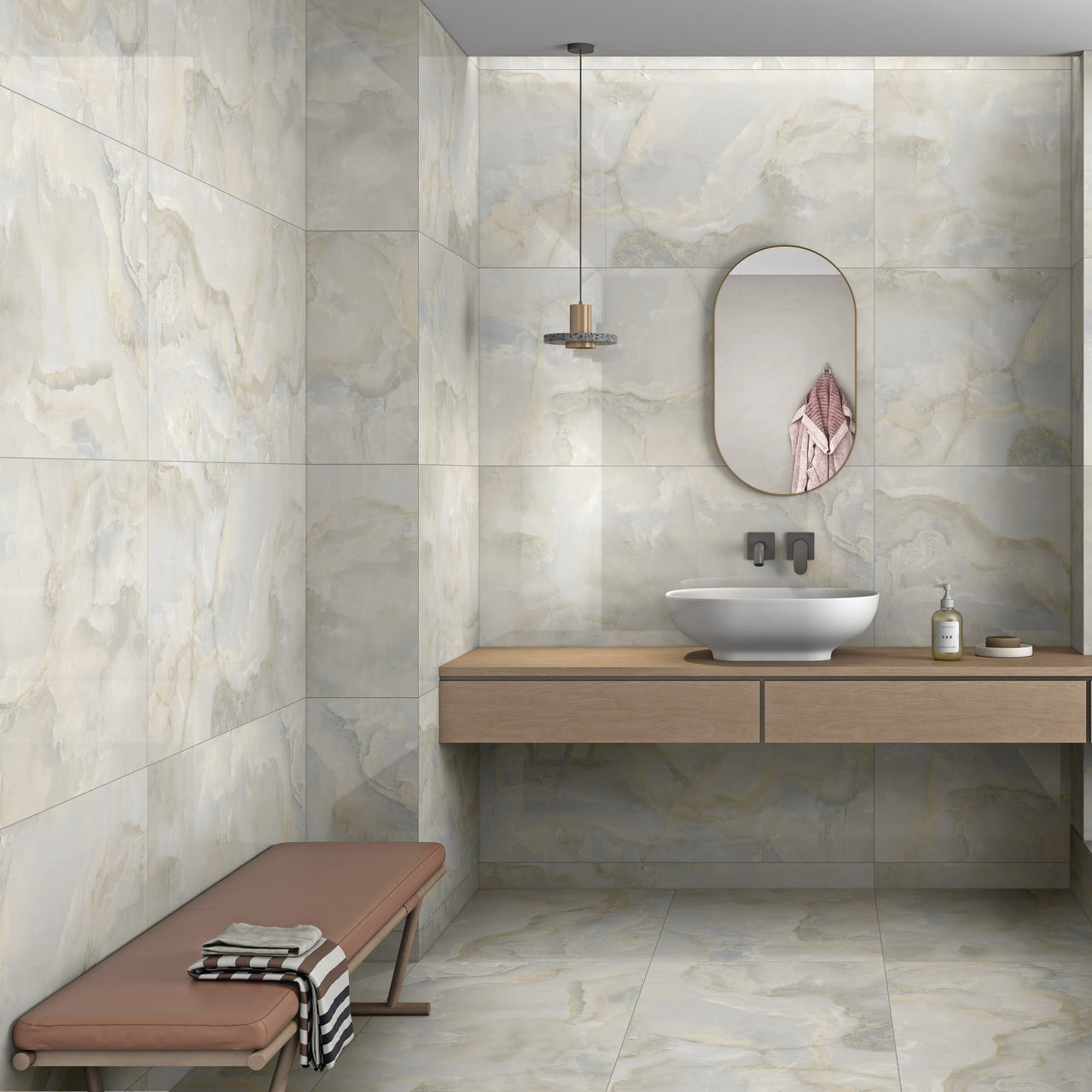 Skyline White matt onyx effect porcelain tile 60x120cm with soft white and cream tones in a modern spa-style interior.