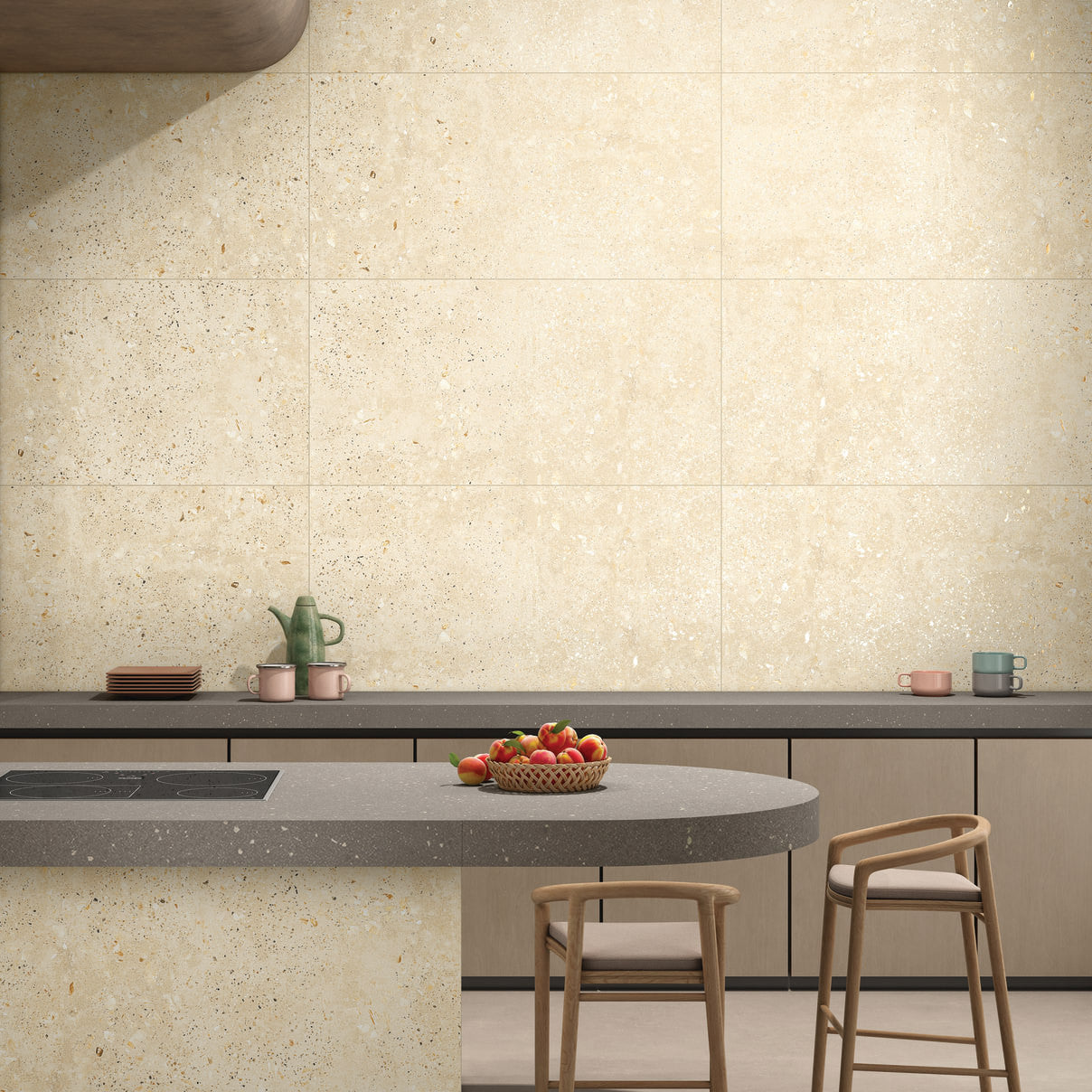Sparkle Ivory matt stone effect porcelain tile 60x120cm with soft ivory tones in a modern kitchen interior.
