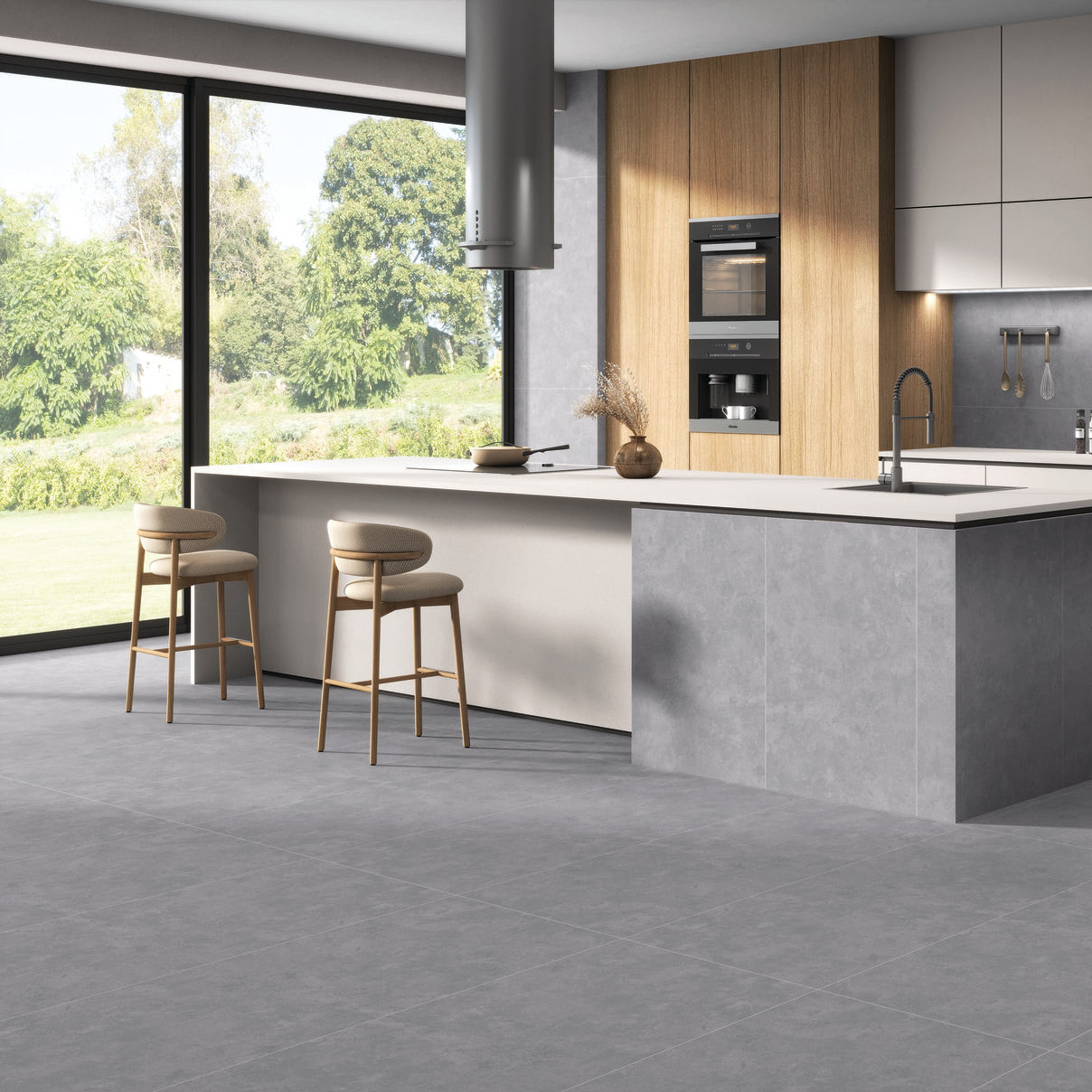 Stormy Horizon matt stone effect porcelain tile 60x120cm in a modern open-plan kitchen with layered grey tones.