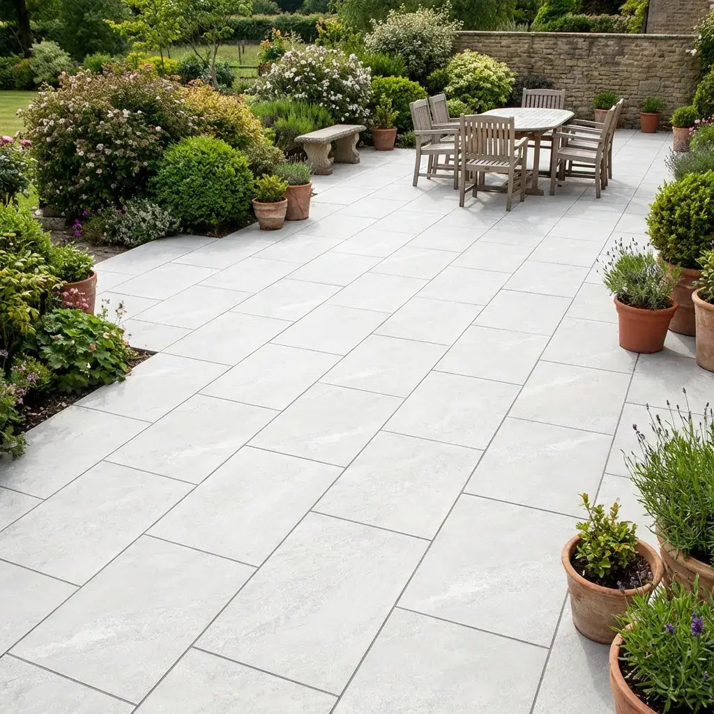 White veined porcelain paving slabs 900x600mm in garden terrace setting